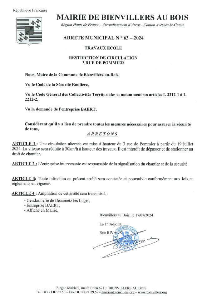 ARRETE 63 - 2024 RESTRICTION DE CIRUCLATION 3 RUE DE POMMIER - 17072024